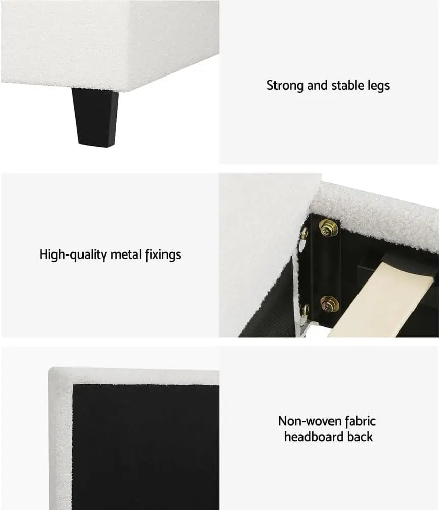 Queen Bed Frame with Wooden Headboard - White Boucle Upholstered Platform Bed - Deal Done