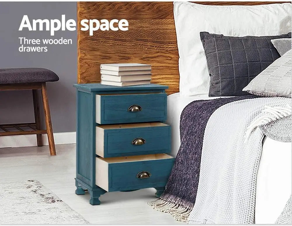 XMSJ Vintage Blue Bedside Table Modern Morocco - 3 Drawer Chest Storage - Deal Done
