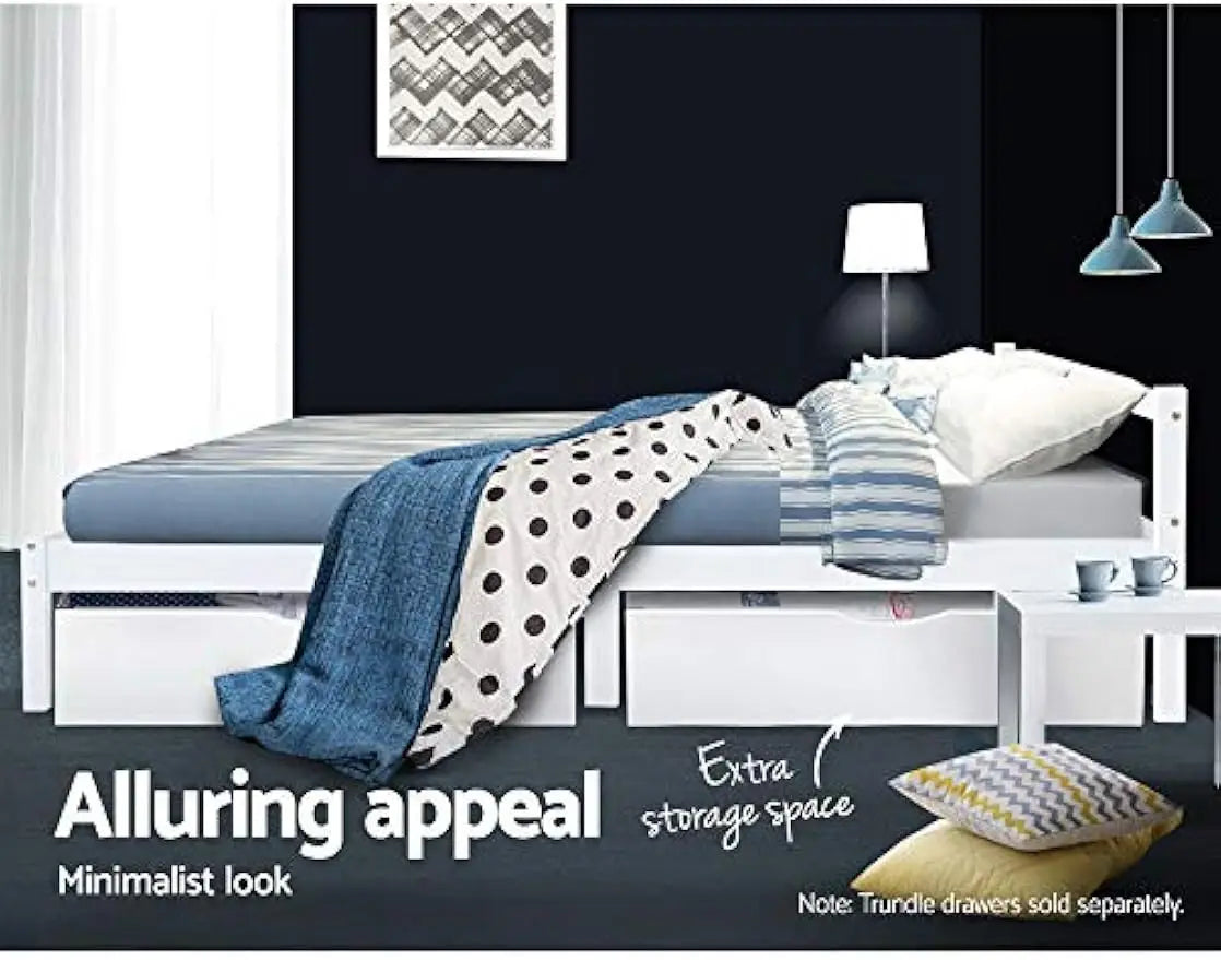King Single Bed Frame,White Heavy Solid Wooden Bed Base with Thicken Timber Slats, Pine Wood Bed Foundation with Storage Space, - Deal Done