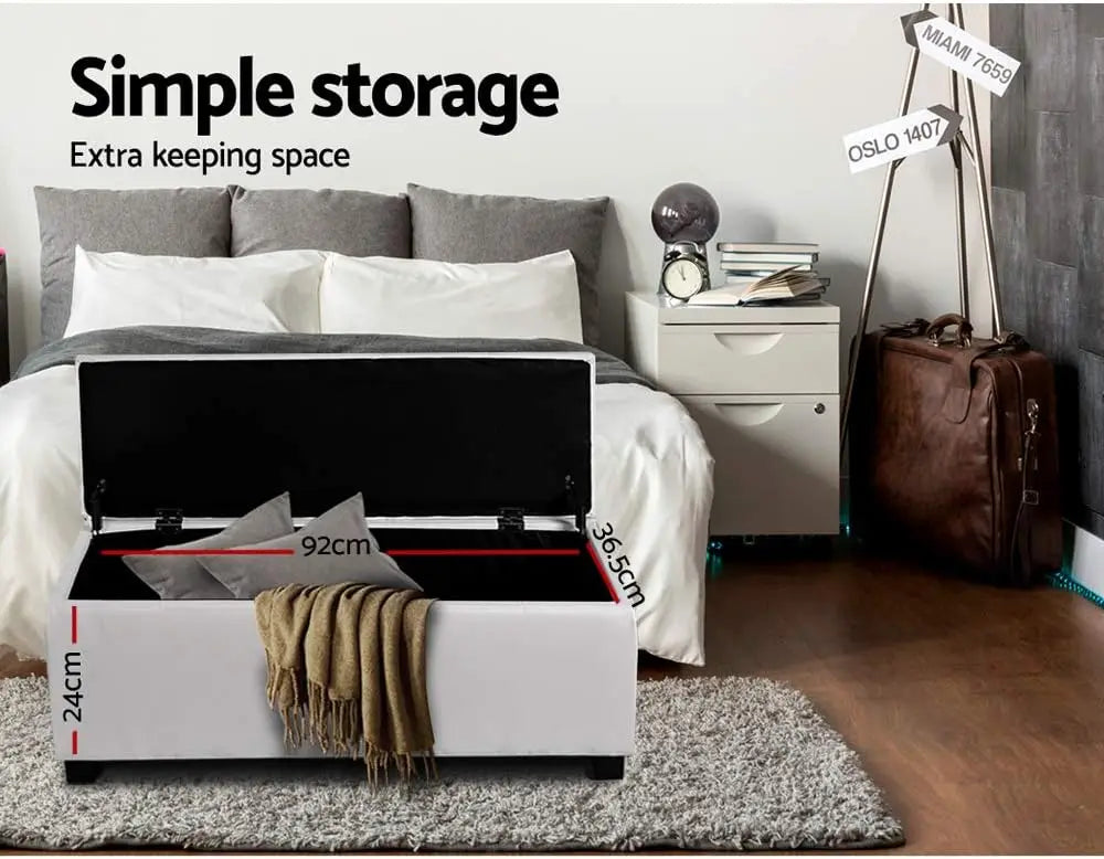 Storage Ottoman Foot Rest Stool 97cm - Padded Seat Blanket Box Chest White Faux Leather - Deal Done