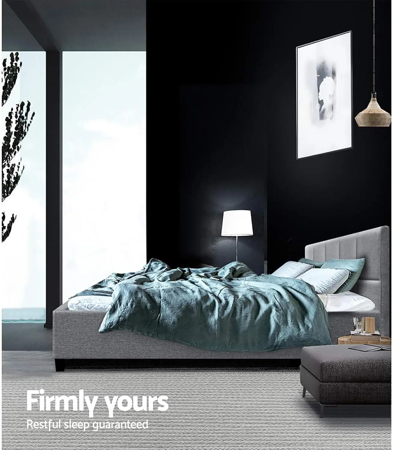 XMSJ Queen Bed Frame Platform Checkered Headboard - Upholstered Grey Fabric Wooden Base - Deal Done