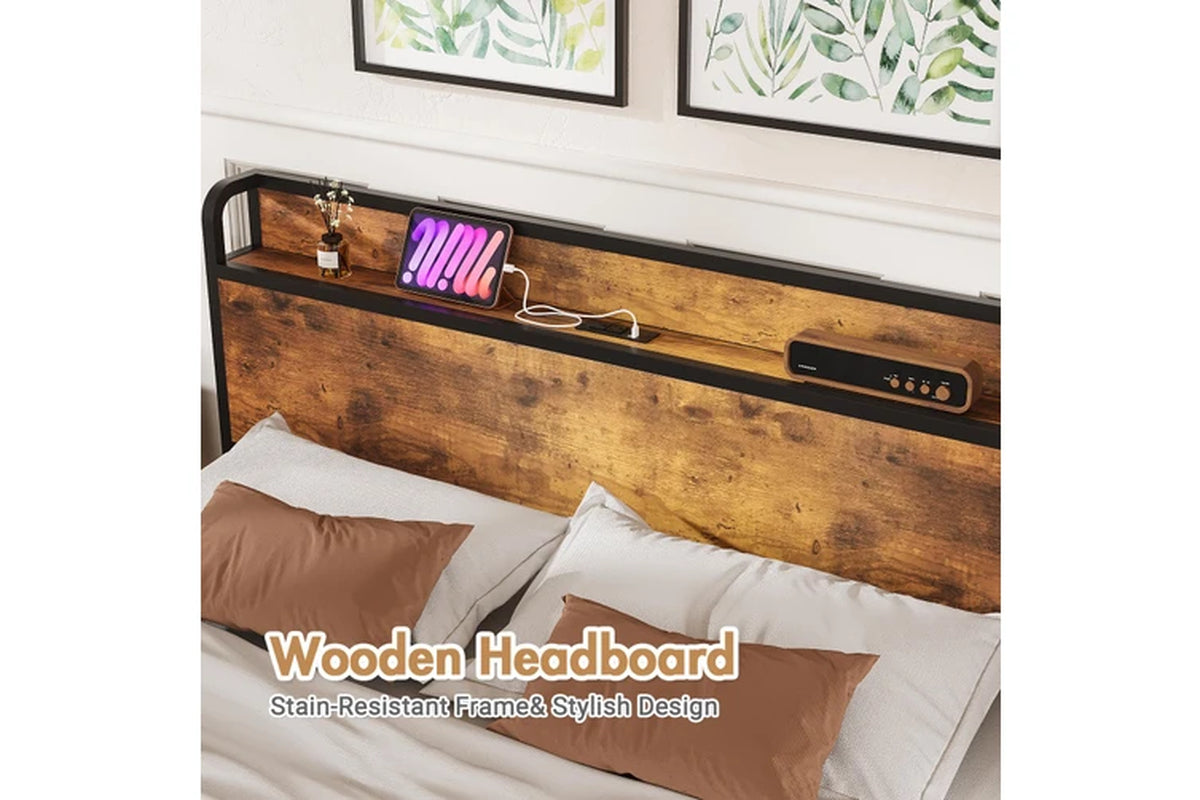 Bed Frame with Charging Station & Headboard Shelf Queen Size