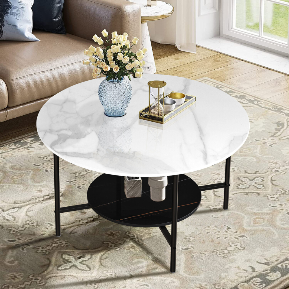 2 Tier Round Sofa Side End Table Marble Coffee Table