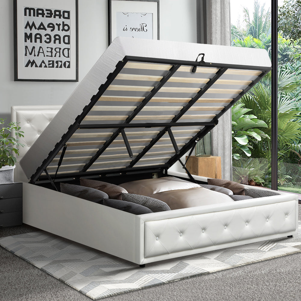 King Bed Frame with Storage Space Gas Lift White