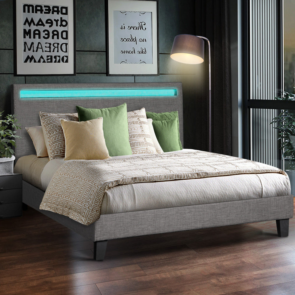 Bed Frame RGB LED Double Size Wooden Grey Fabric