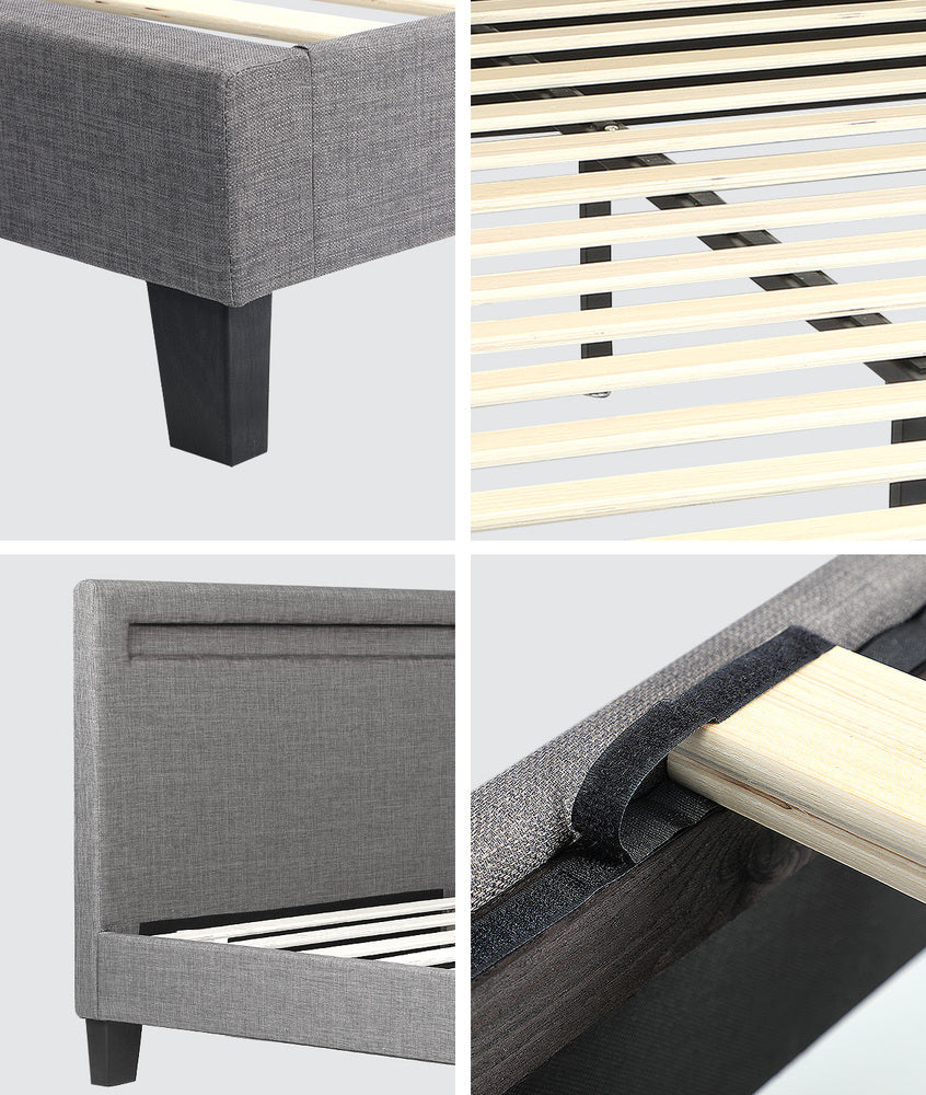 Bed Frame RGB LED Double Size Wooden Grey Fabric