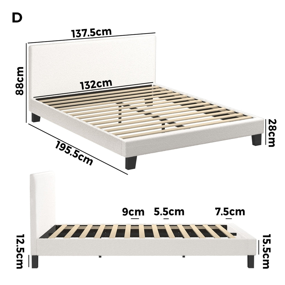 Double Bed Frame with Wooden Slats in White Boucle Fabric
