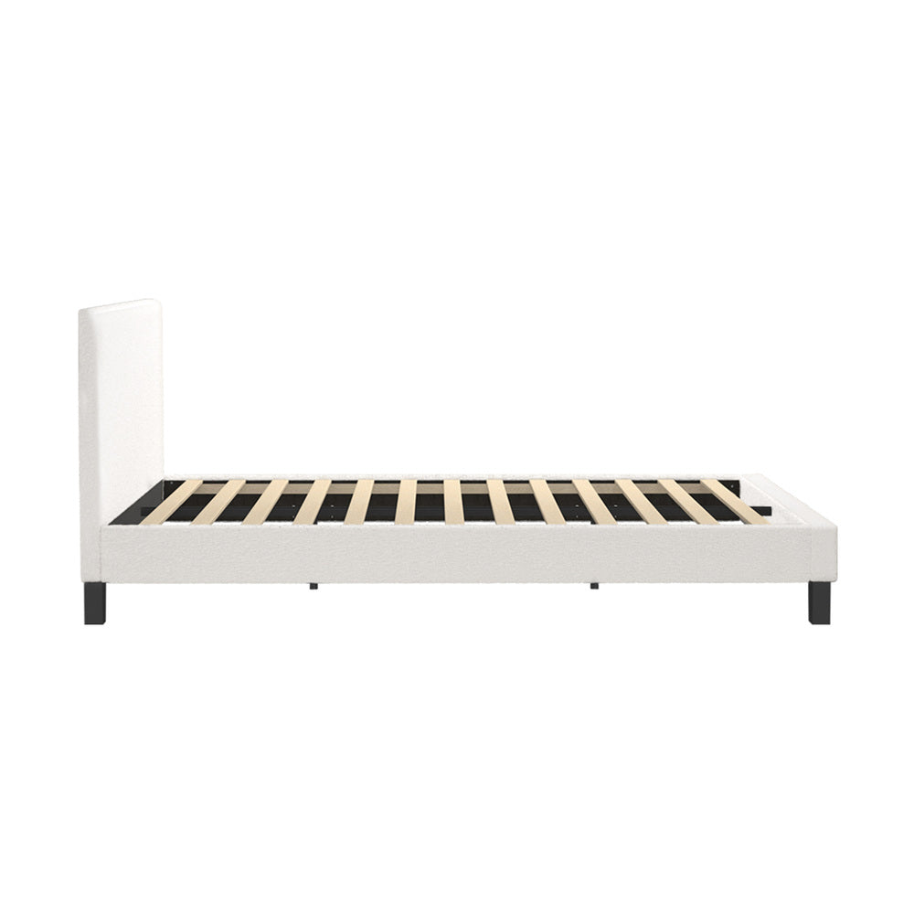 Double Bed Frame with Wooden Slats in White Boucle Fabric