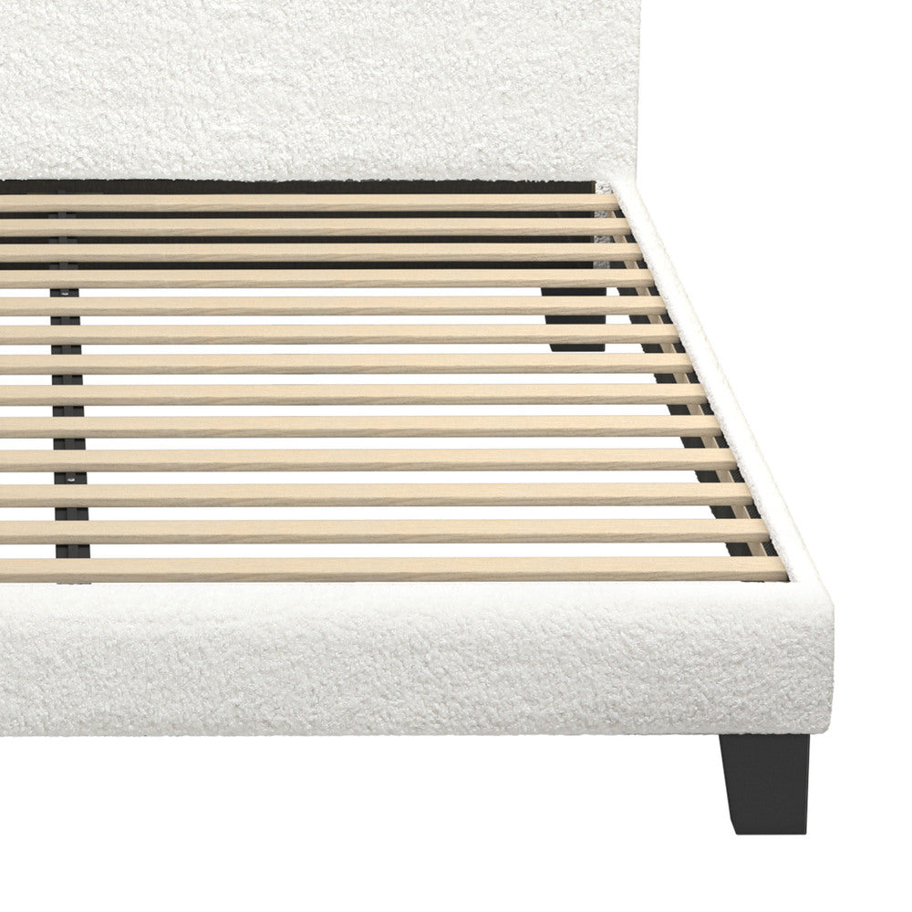Double Bed Frame with Wooden Slats in White Boucle Fabric