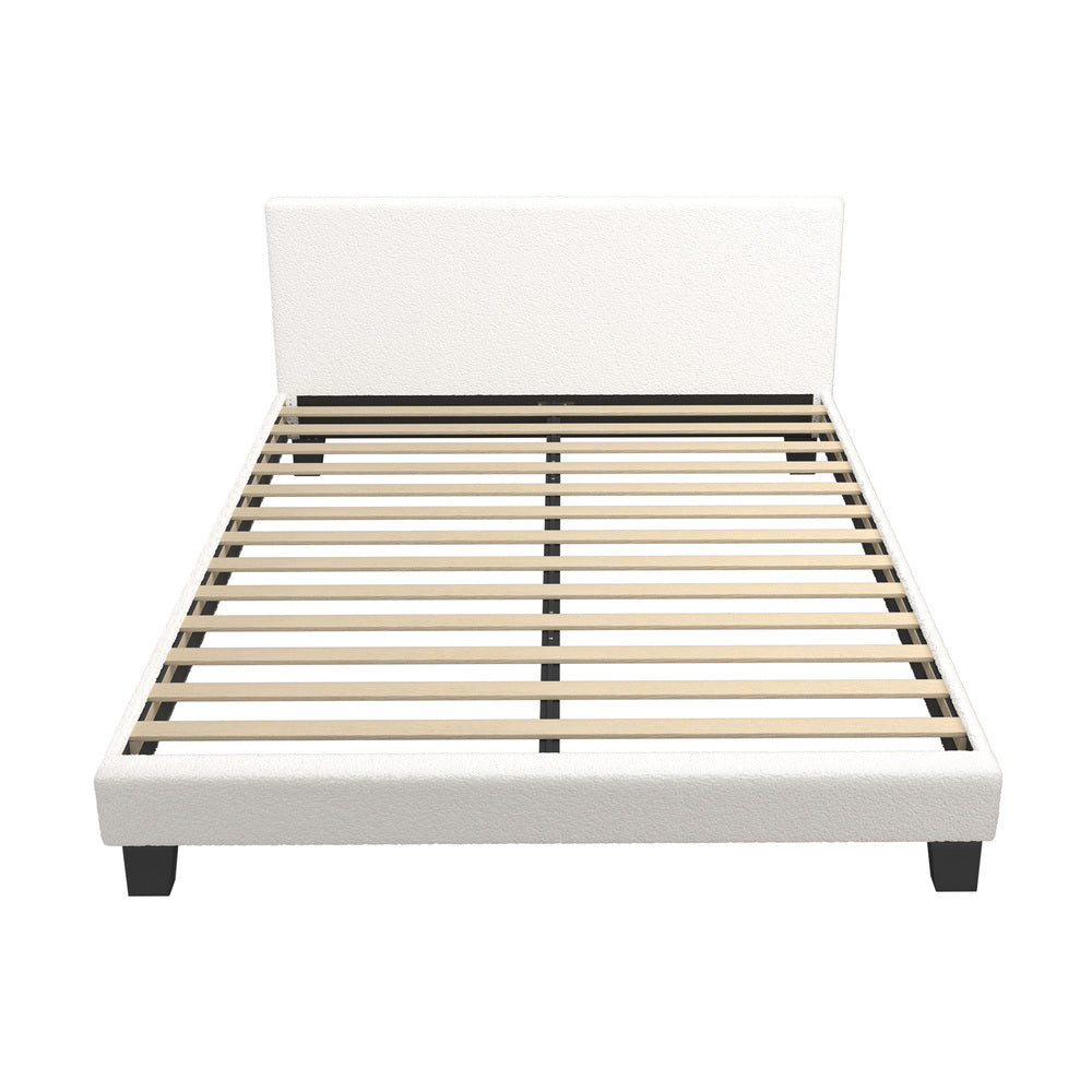 Double Bed Frame with Wooden Slats in White Boucle Fabric