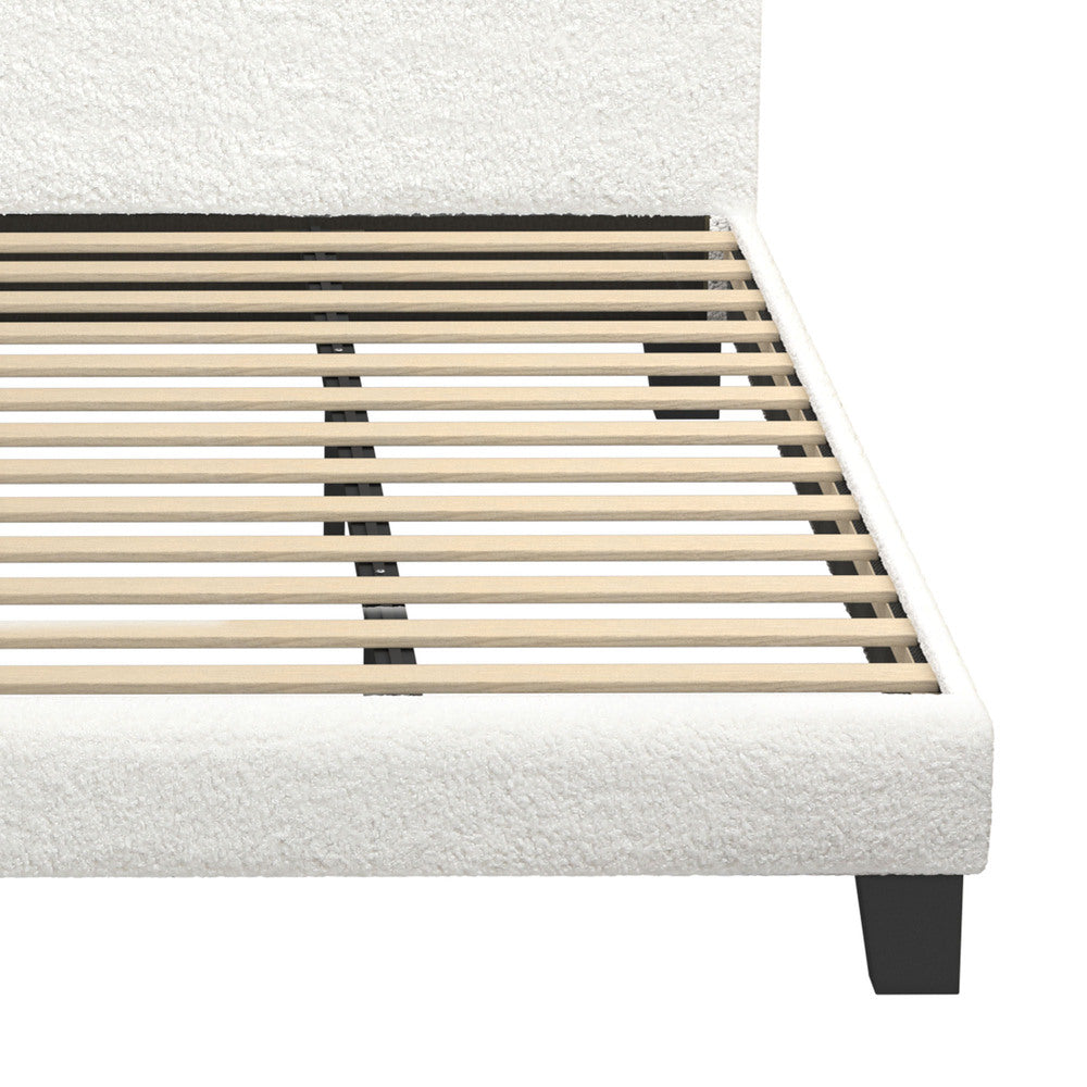 King Bed Frame with Wooden Slats in White Boucle Fabric