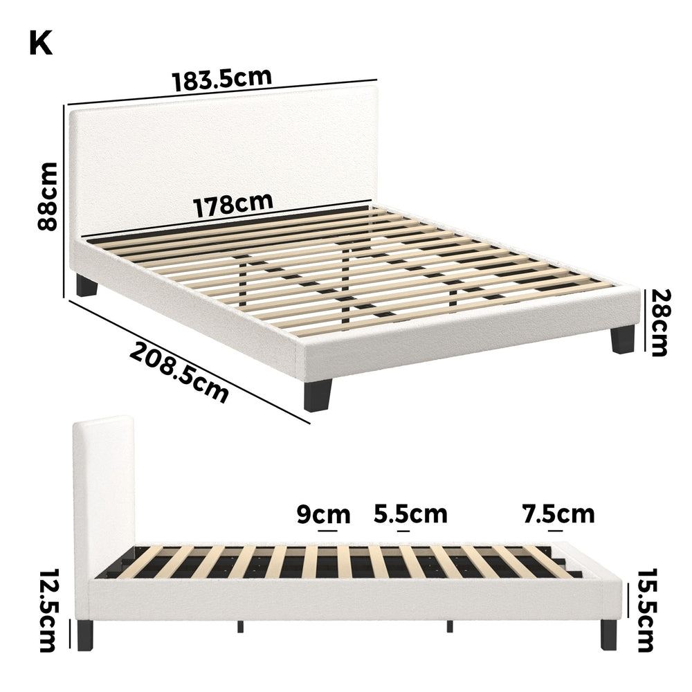 King Bed Frame with Wooden Slats in White Boucle Fabric
