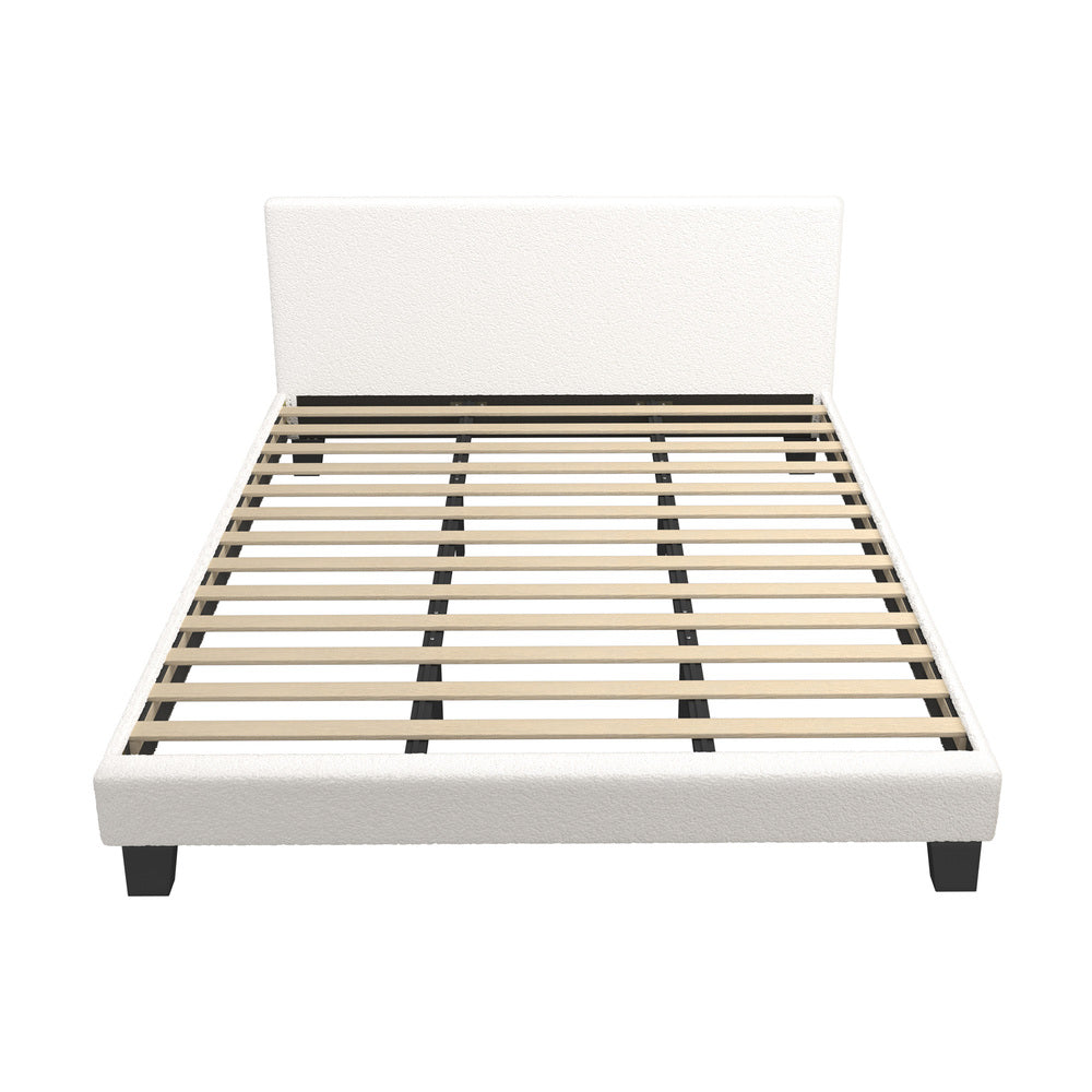 King Bed Frame with Wooden Slats in White Boucle Fabric