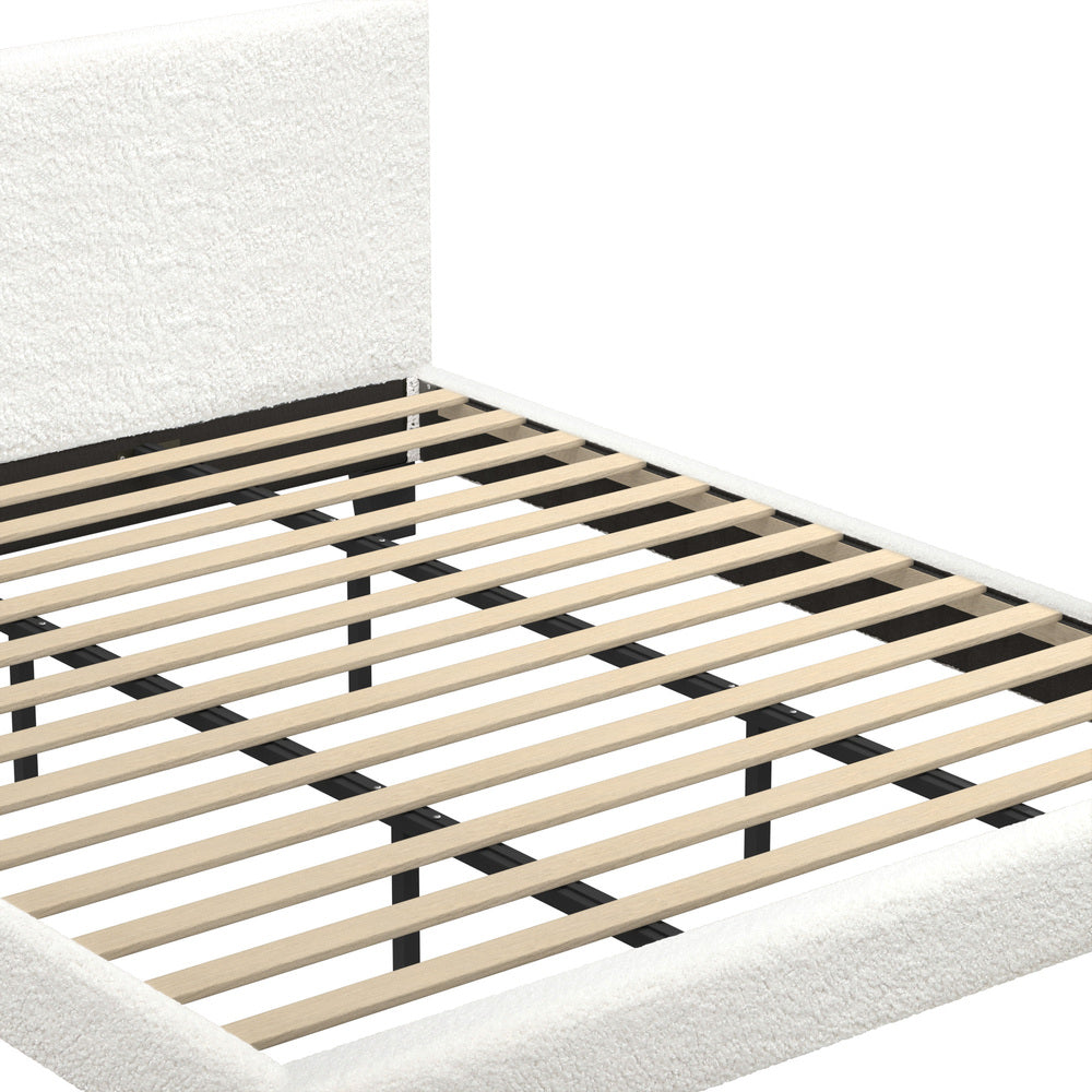 King Bed Frame with Wooden Slats in White Boucle Fabric