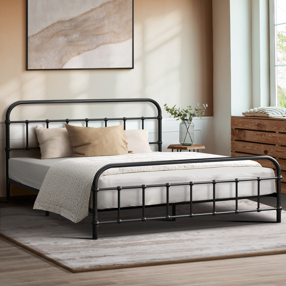 Double Size Metal Bed Frame with Railing Style Black