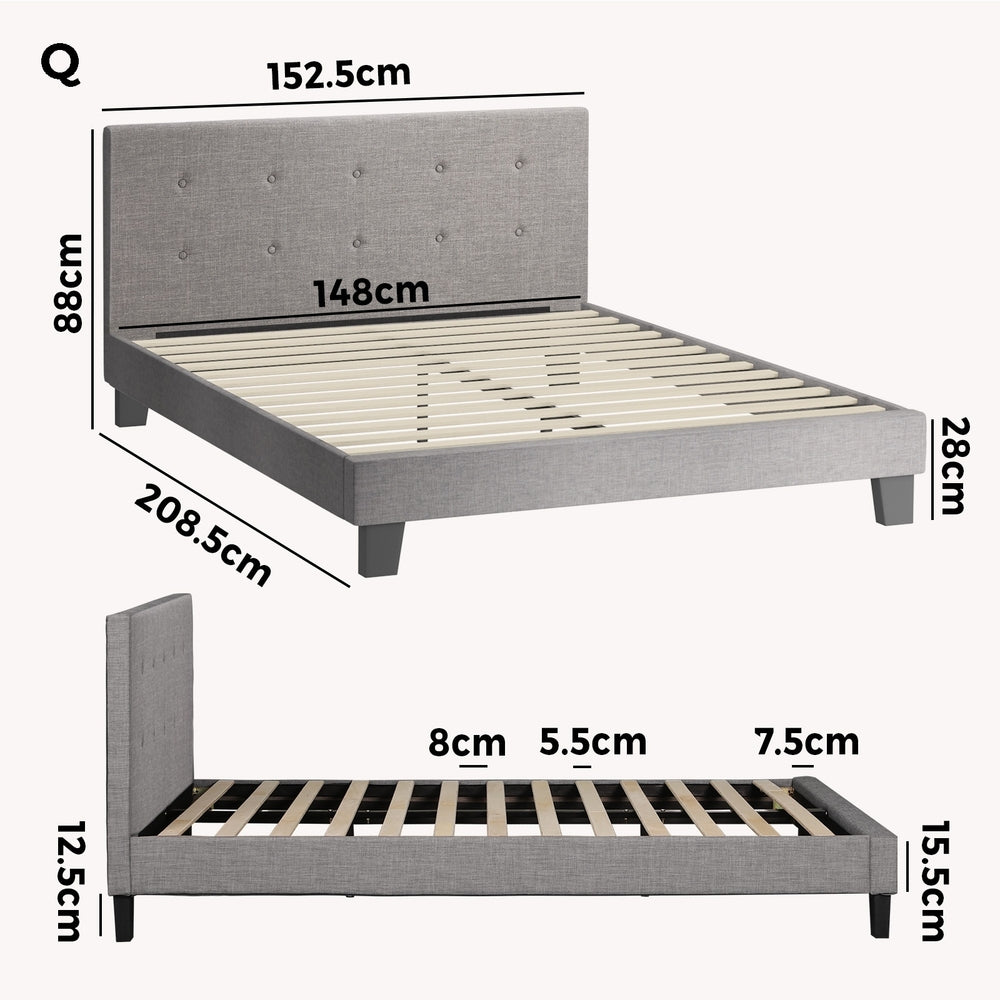 Queen Bed Frame Wooden Fabric Grey
