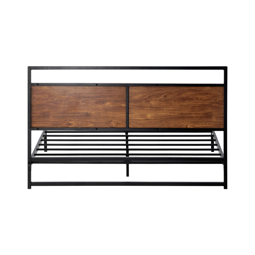 Double Size Metal Bed Frame with Wooden Accents