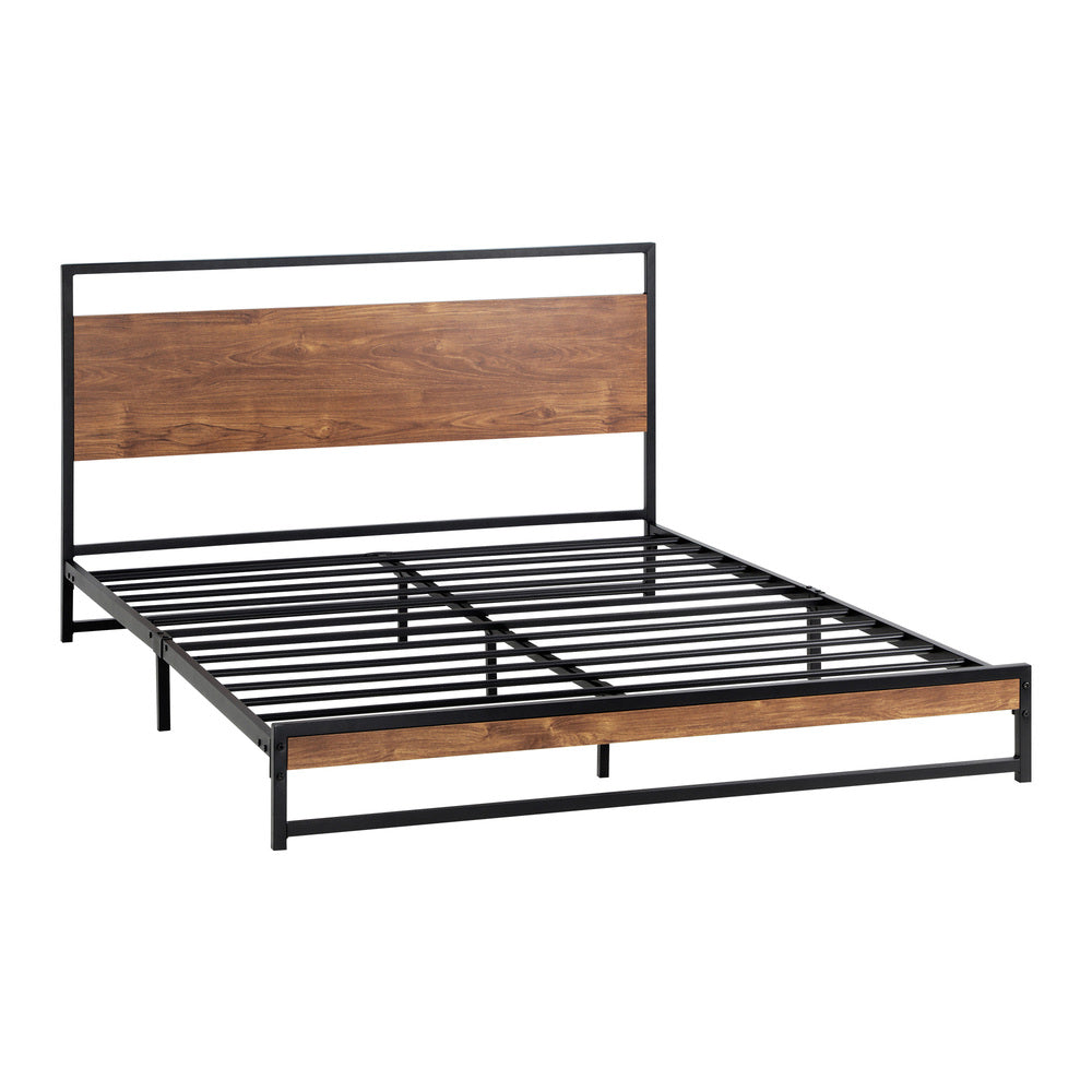 Double Size Metal Bed Frame with Wooden Accents