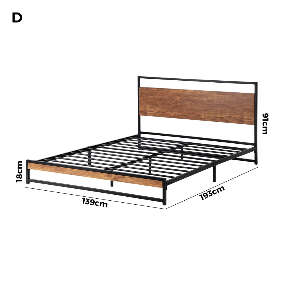 Double Size Metal Bed Frame with Wooden Accents