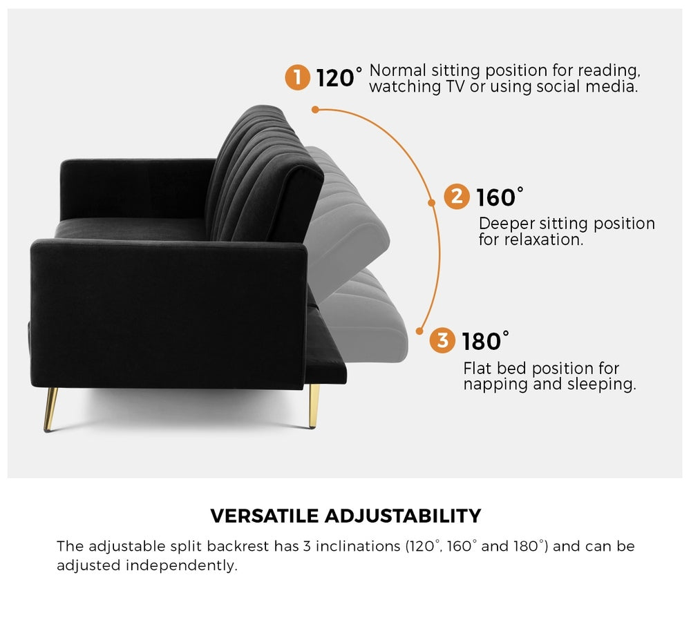 Velvet 3-Seater Sofa Bed Black