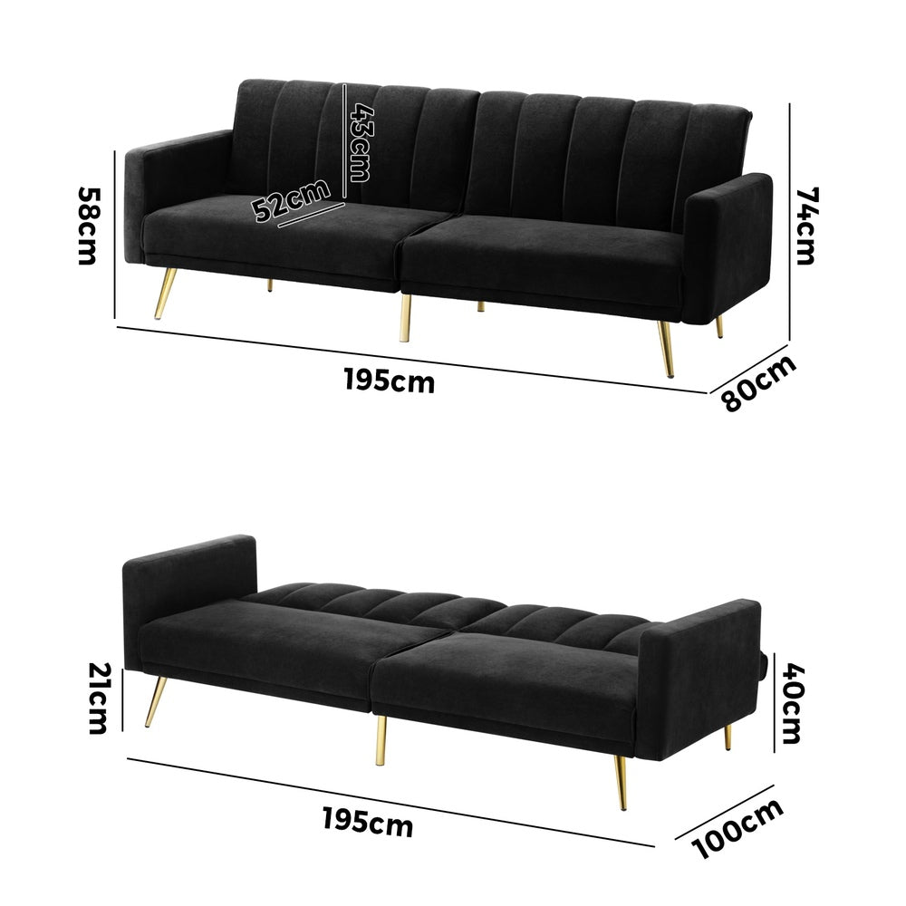 Velvet 3-Seater Sofa Bed Black