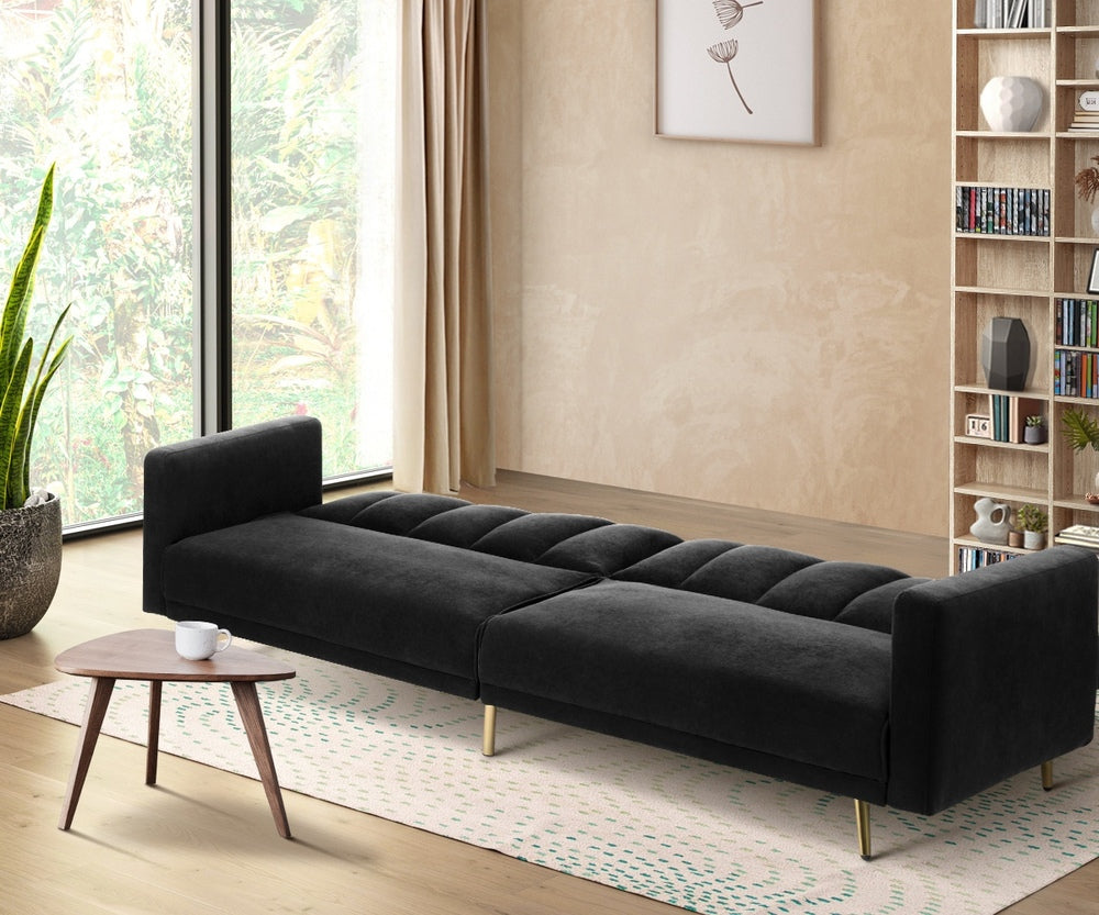 Velvet 3-Seater Sofa Bed Black