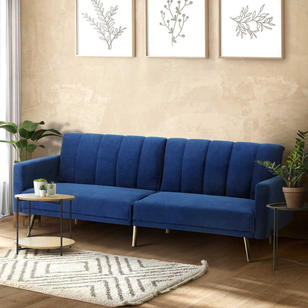 Velvet 3-Seater Sofa Bed Blue