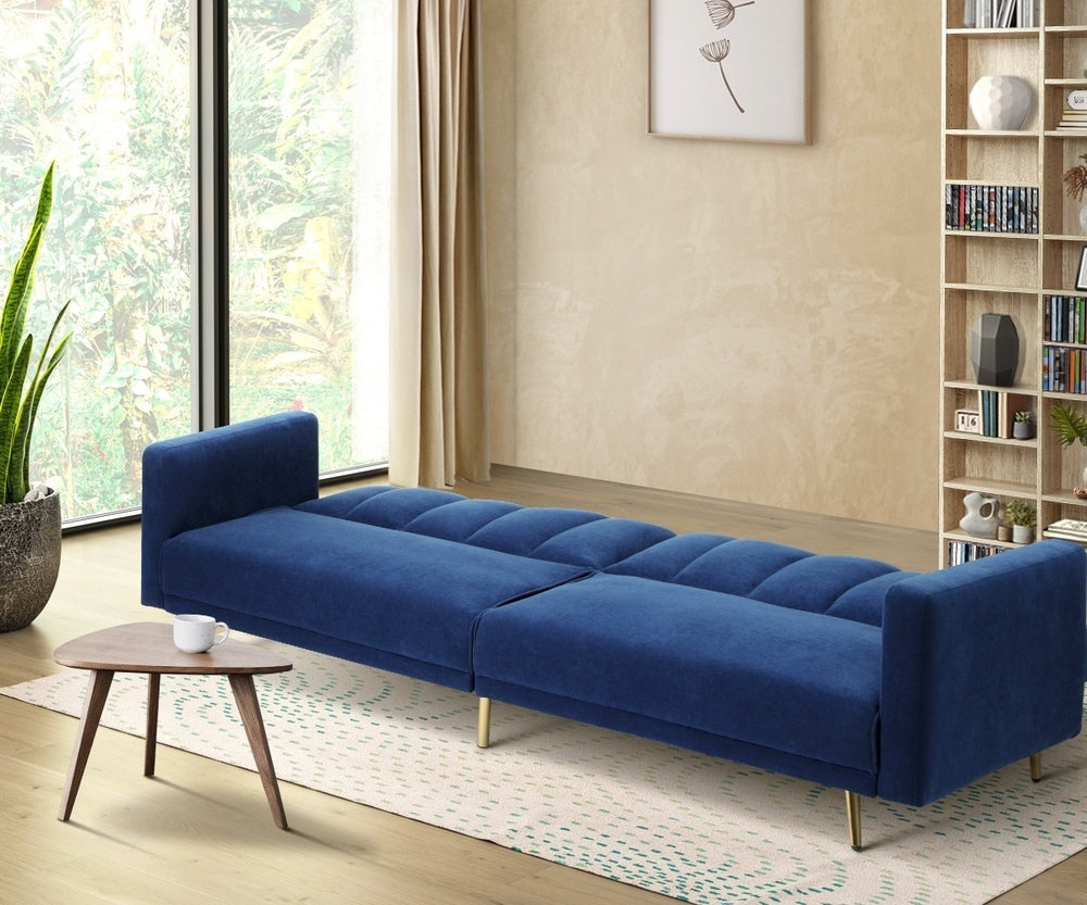 Velvet 3-Seater Sofa Bed Blue