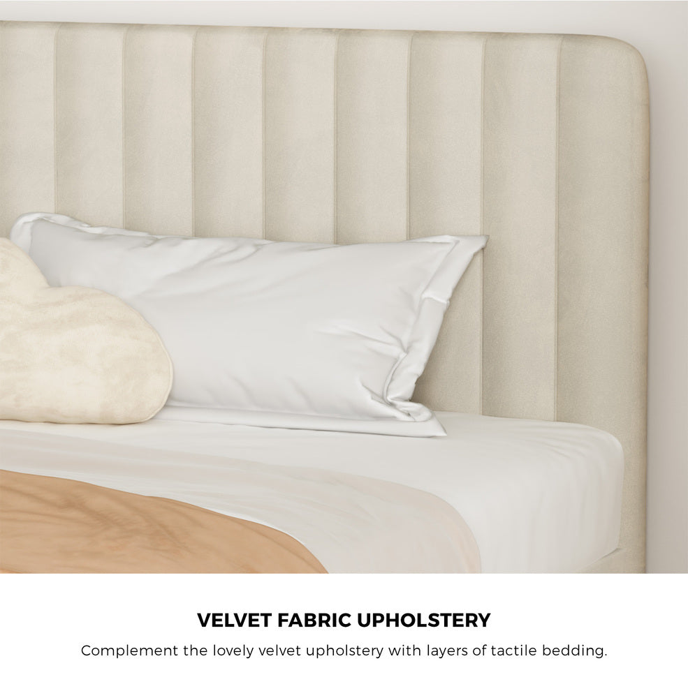 Double Bed Frame Velvet Fabric Beige