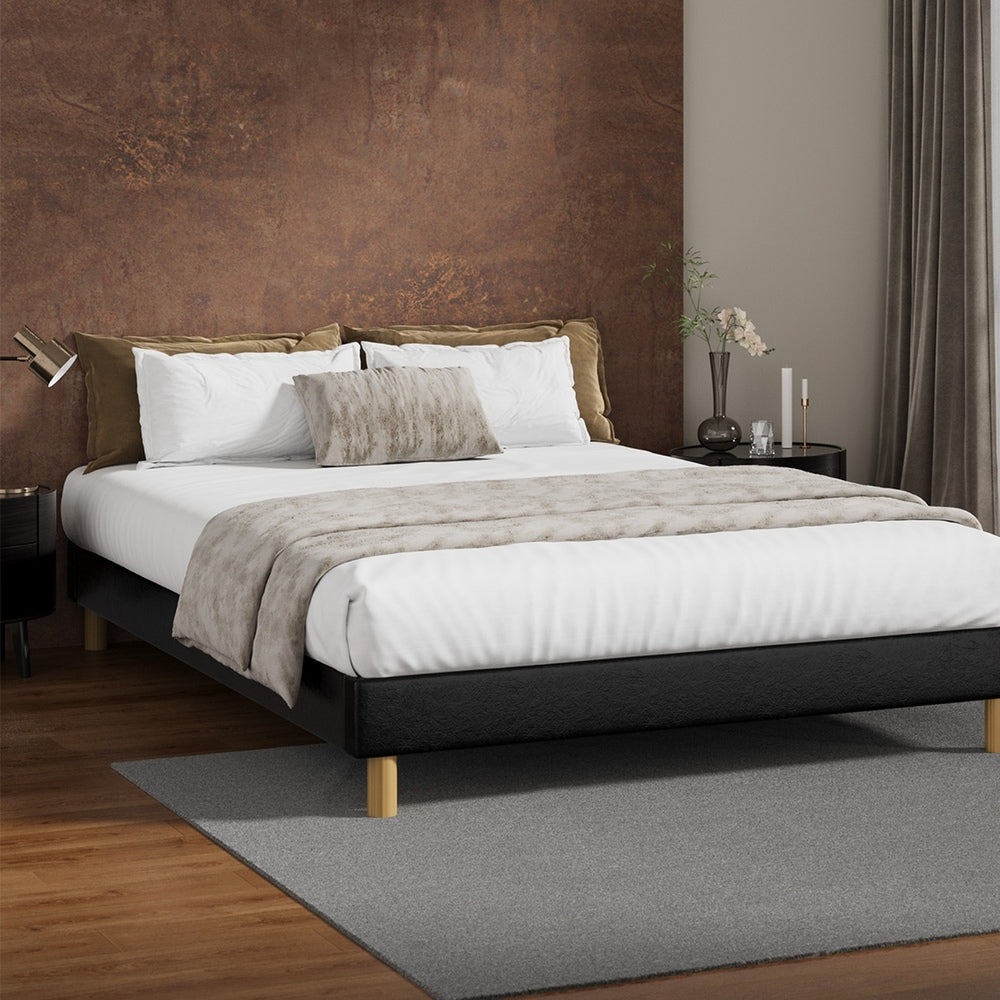 Black Leather Queen Size Bed Frame Base