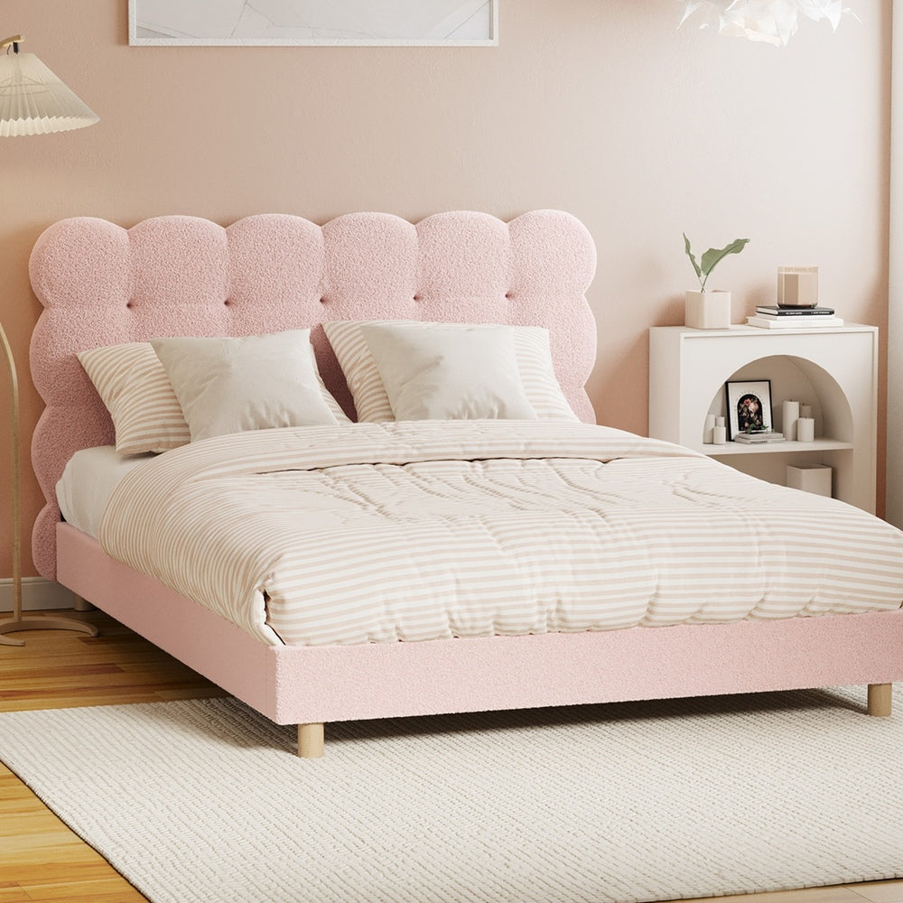 Pink Boucle Fabric Double Size Bed Frame with Tufted Bedhead