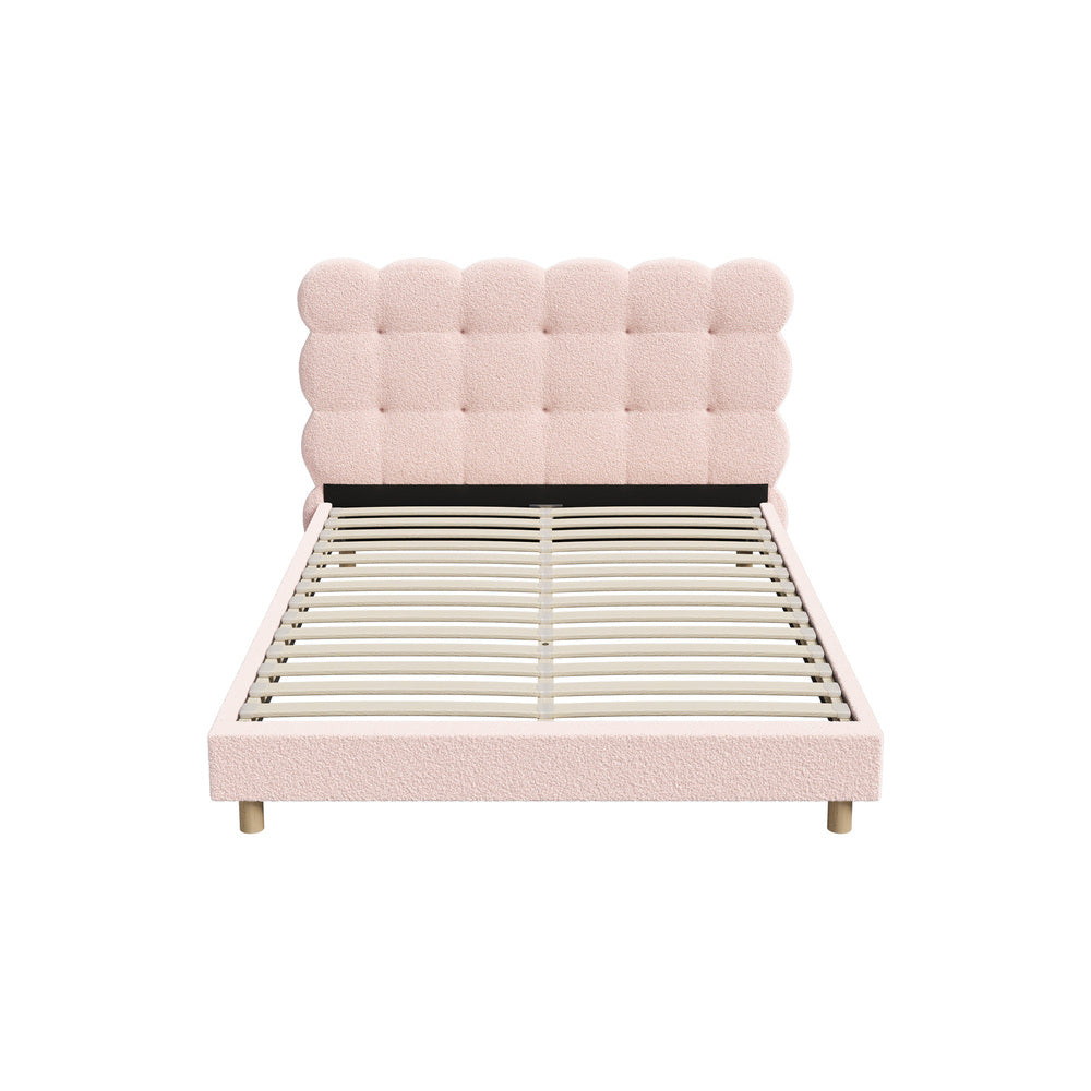 Pink Boucle Fabric Double Size Bed Frame with Tufted Bedhead