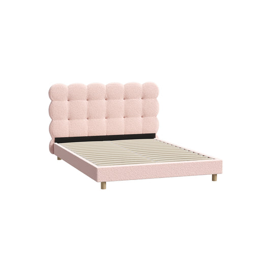 Pink Boucle Fabric Double Size Bed Frame with Tufted Bedhead