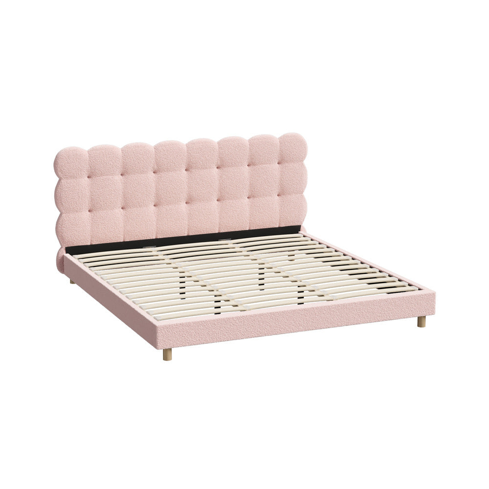 Pink Boucle Fabric King Size Bed Frame with Tufted Bedhead