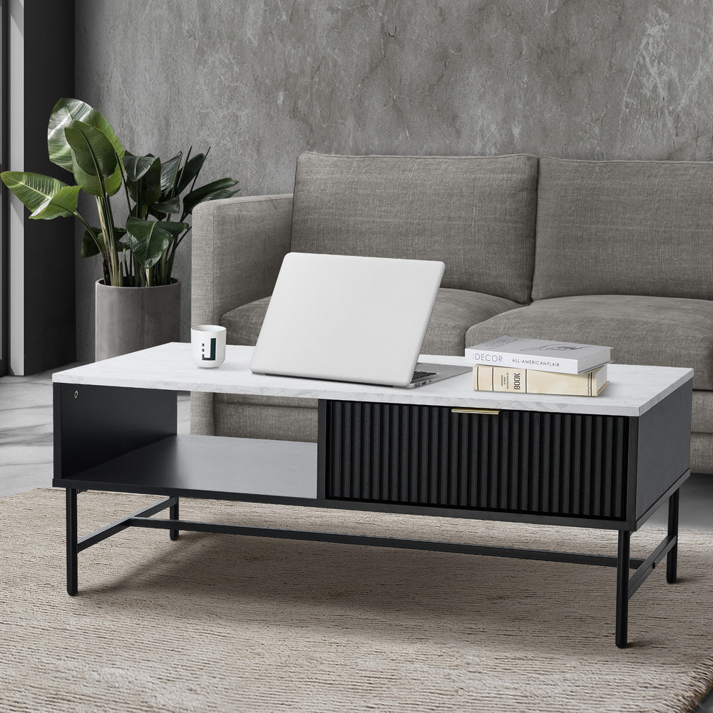 Black and White Sofa End Coffee Table with 1 Drawer and Open Shelf
