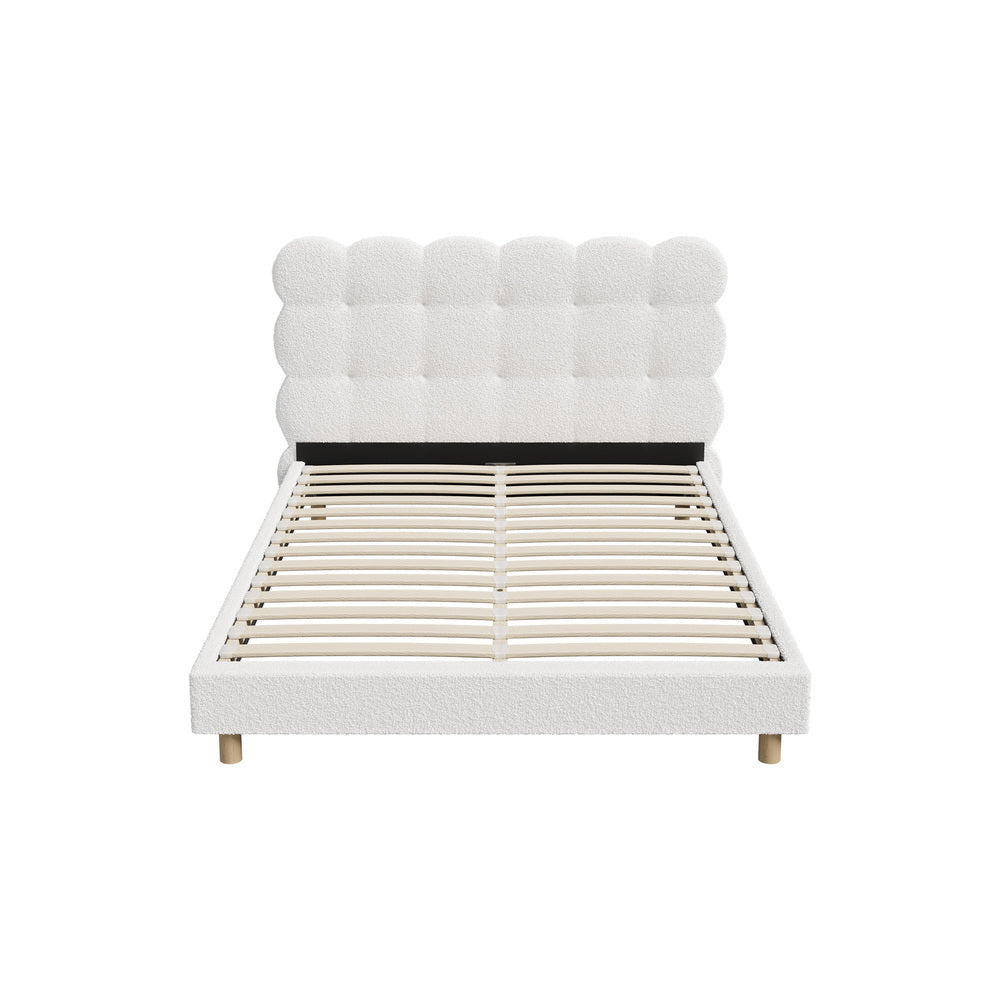 Double Bed Frame with White Boucle Fabric Tufted Bedhead