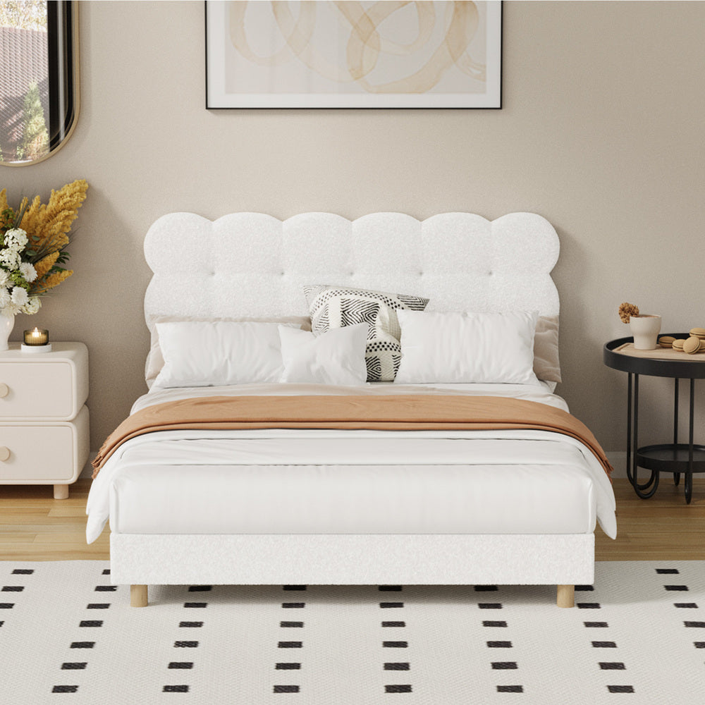 Double Bed Frame with White Boucle Fabric Tufted Bedhead