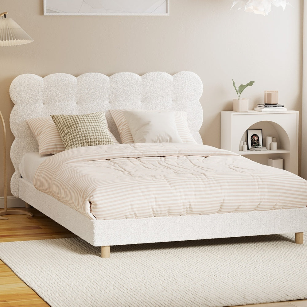 Double Bed Frame with White Boucle Fabric Tufted Bedhead
