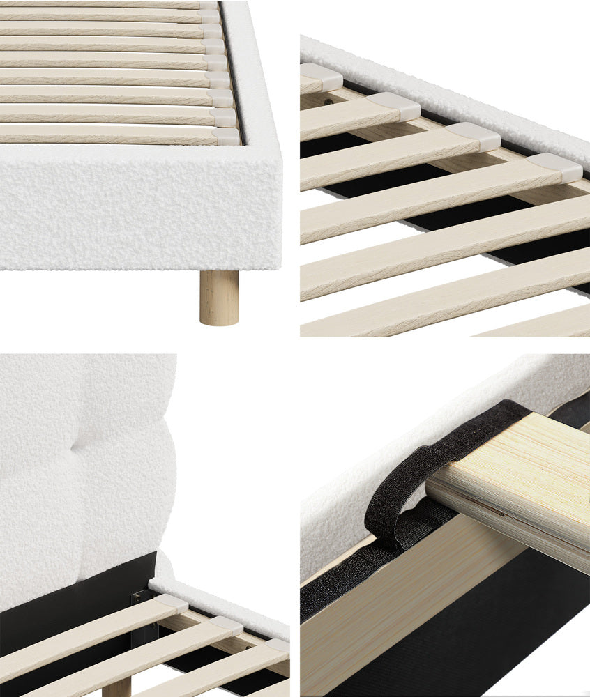 Double Bed Frame with White Boucle Fabric Tufted Bedhead