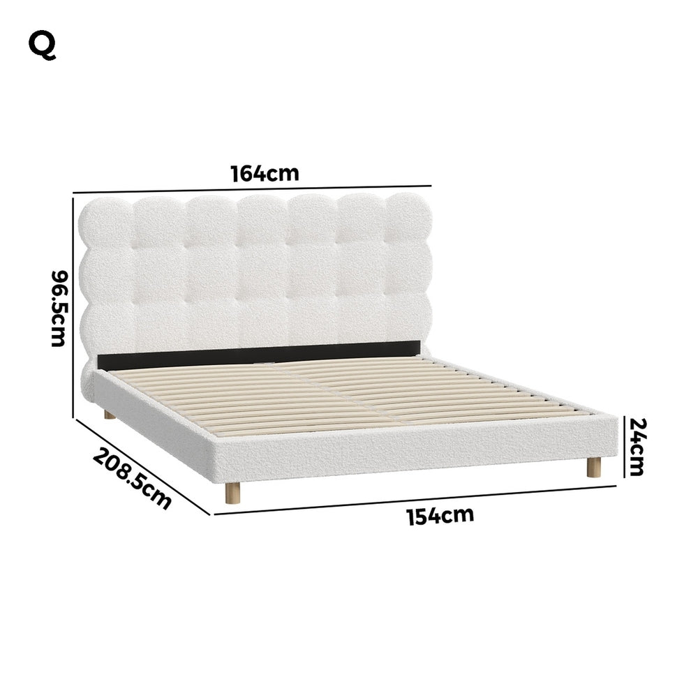 Queen Bed Frame with White Boucle Fabric Tufted Bedhead