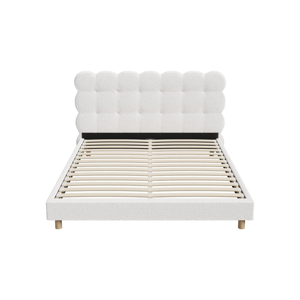 Queen Bed Frame with White Boucle Fabric Tufted Bedhead