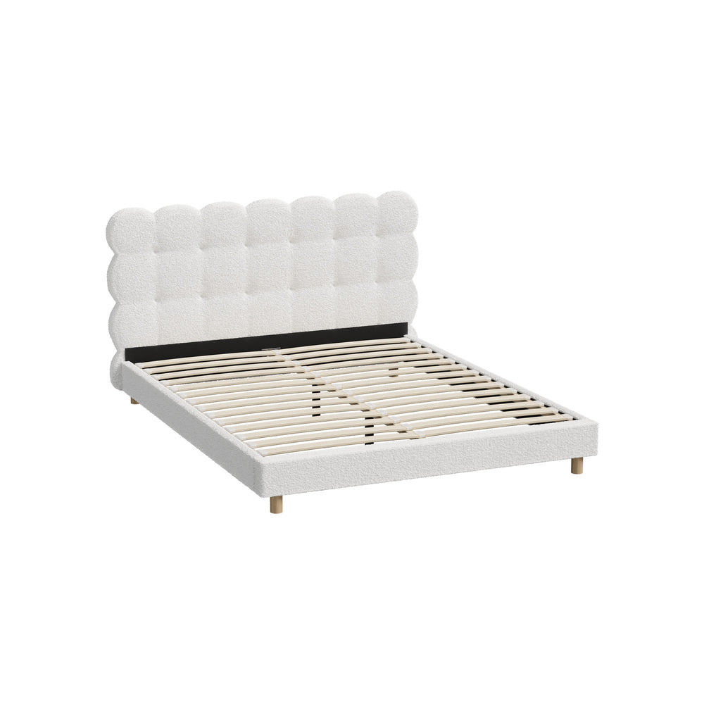 Queen Bed Frame with White Boucle Fabric Tufted Bedhead