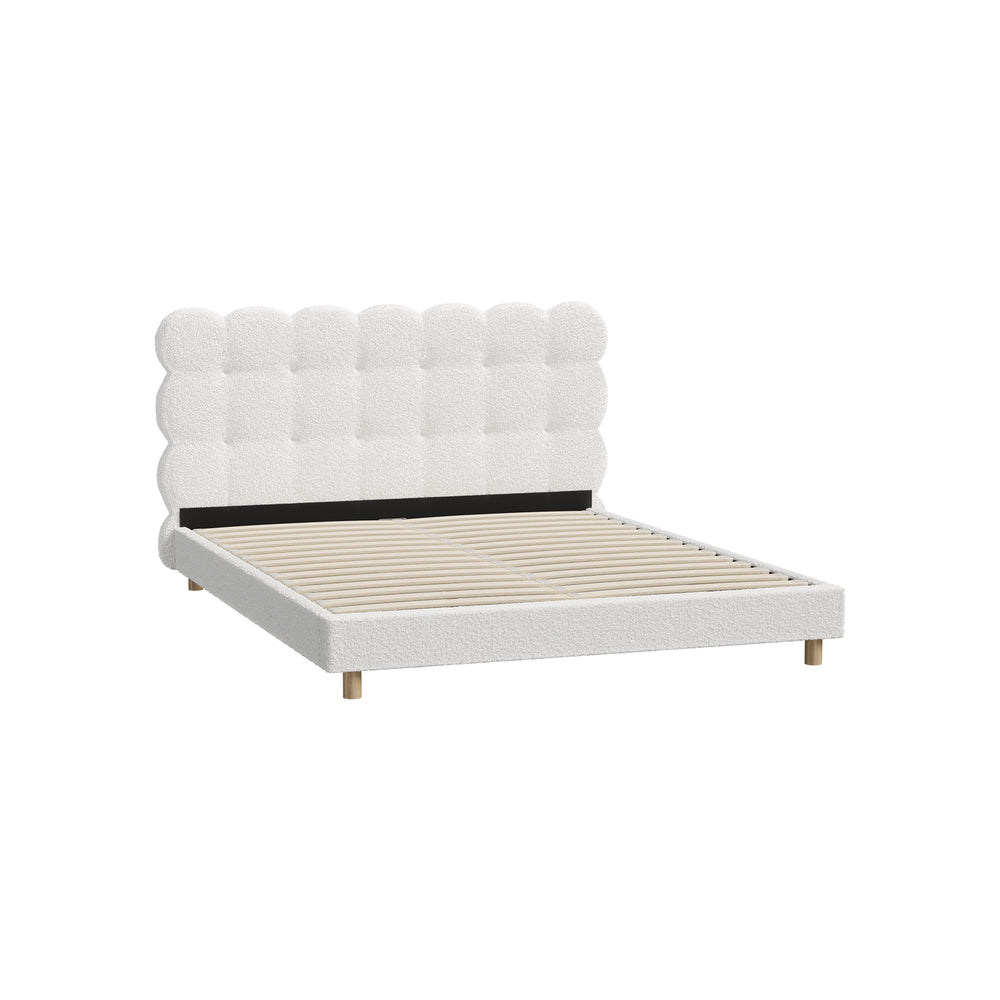 Queen Bed Frame with White Boucle Fabric Tufted Bedhead