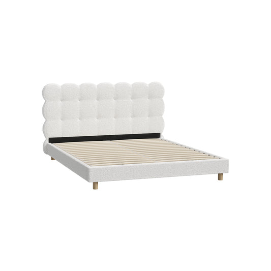 Queen Bed Frame with White Boucle Fabric Tufted Bedhead