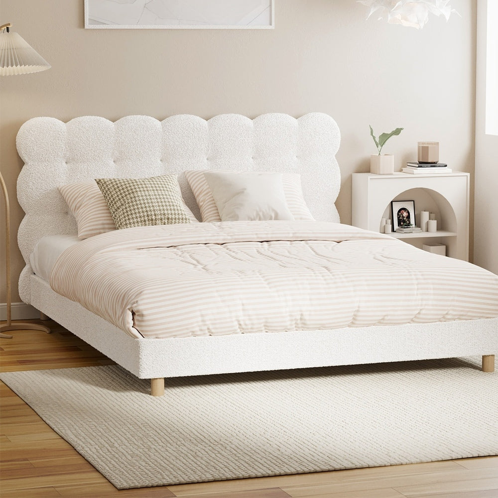 Queen Bed Frame with White Boucle Fabric Tufted Bedhead