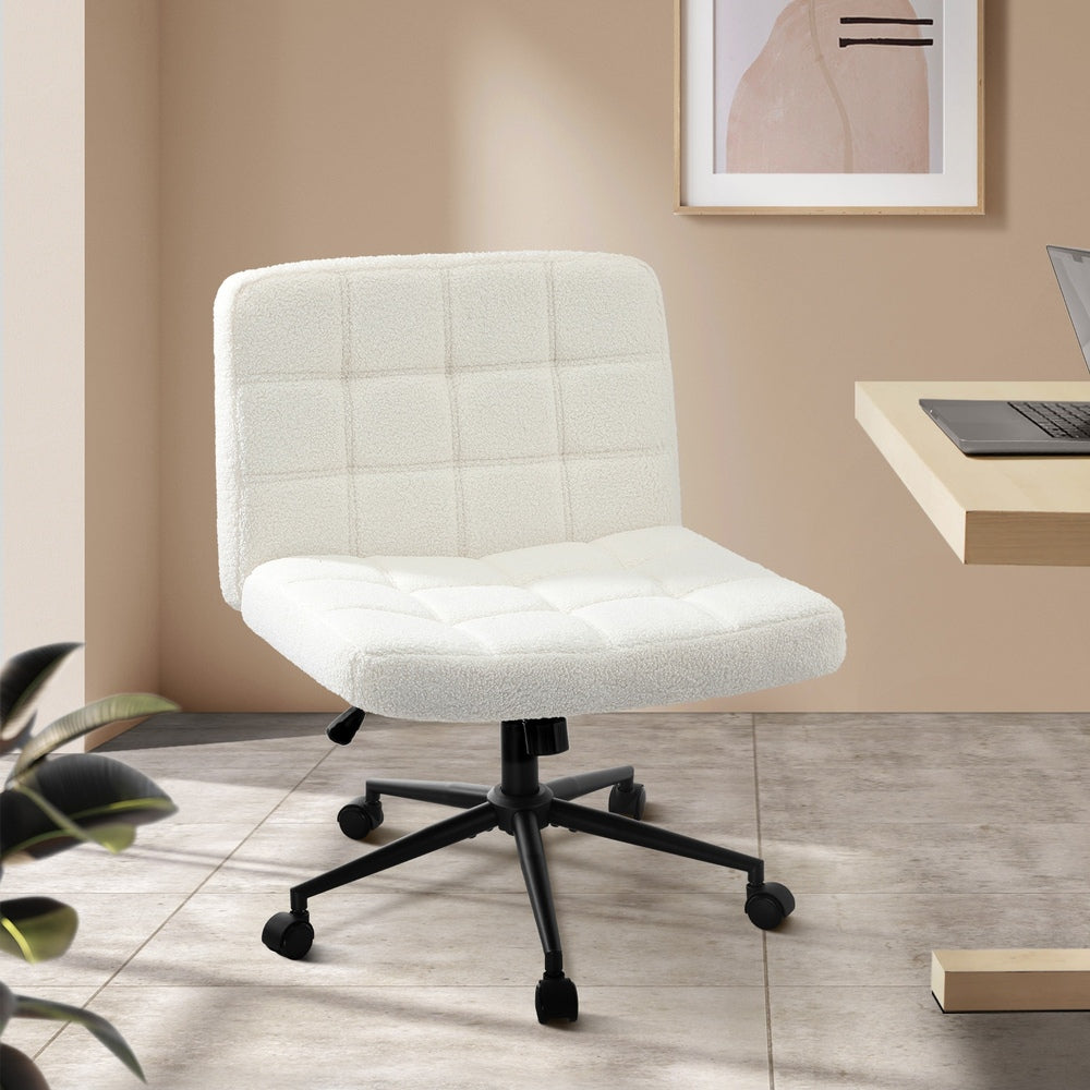White Wide Seat Boucle Office Chair with Wheels