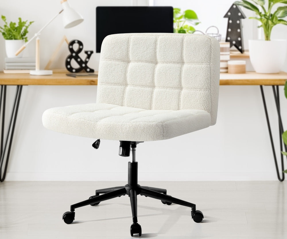 White Wide Seat Boucle Office Chair with Wheels