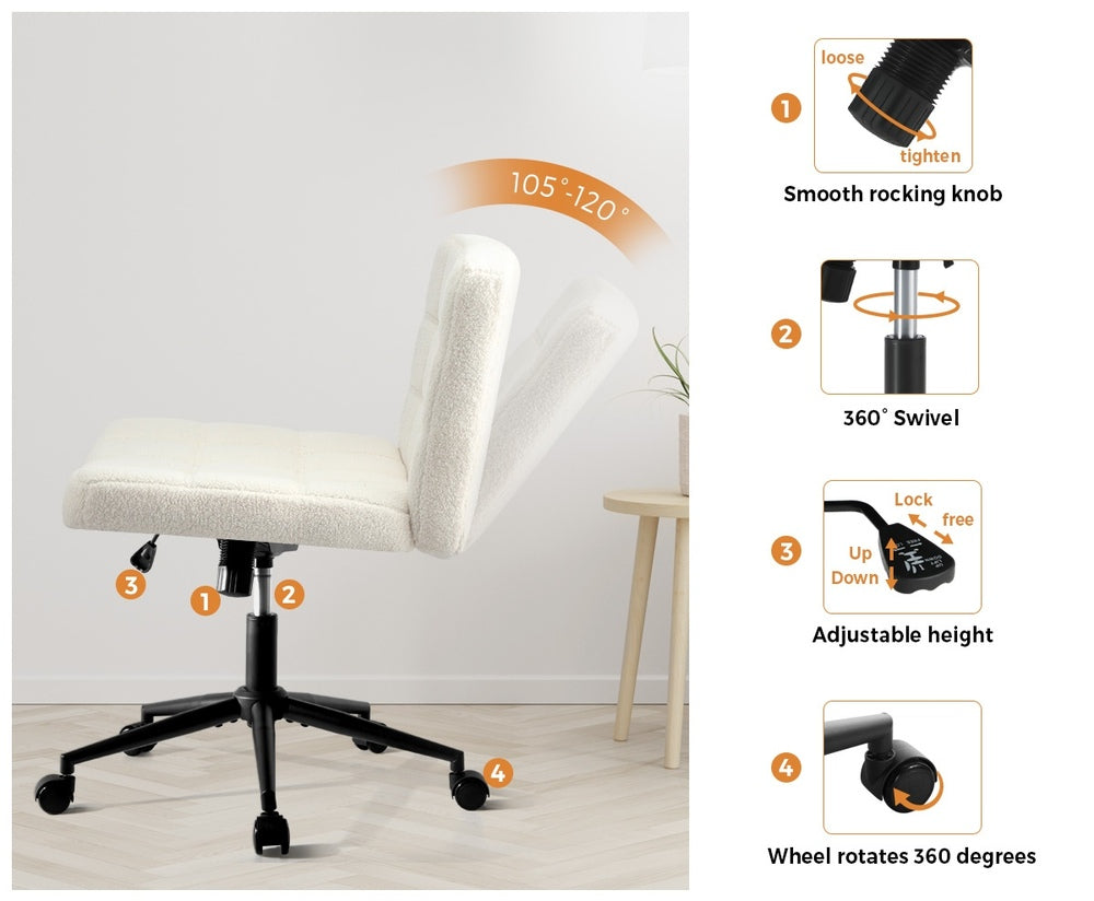 White Wide Seat Boucle Office Chair with Wheels