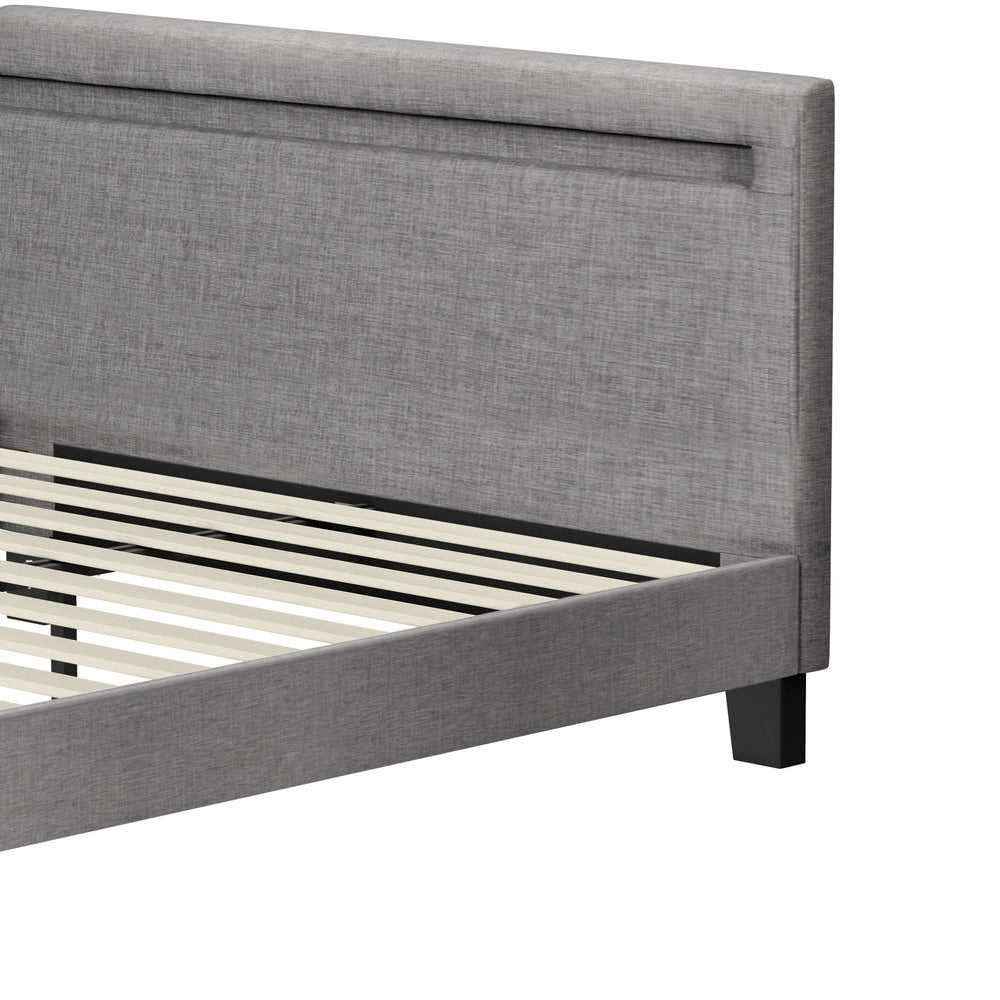 Grey Fabric Wooden Queen Size Bed Frame with RGB LED