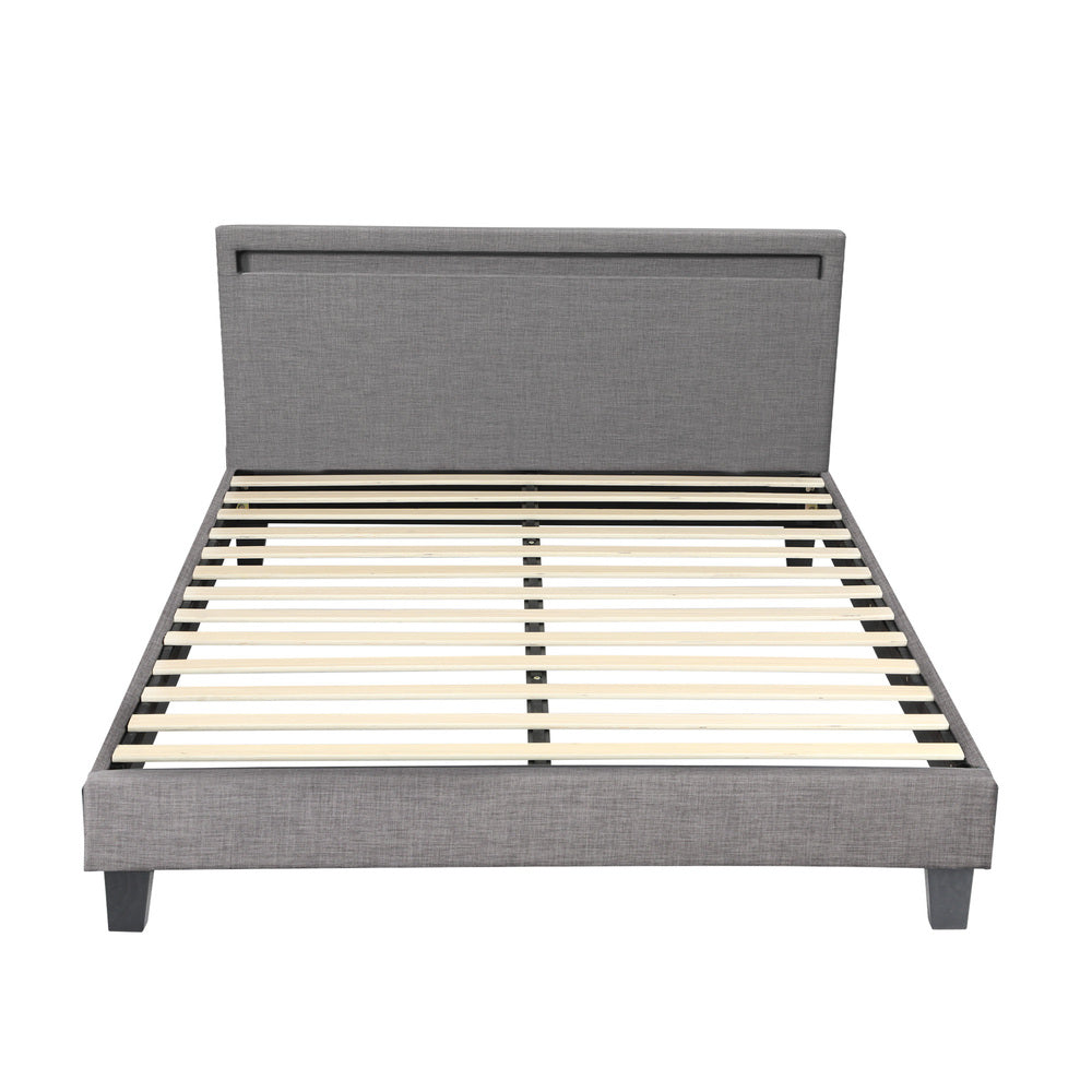 Grey Fabric Wooden Queen Size Bed Frame with RGB LED